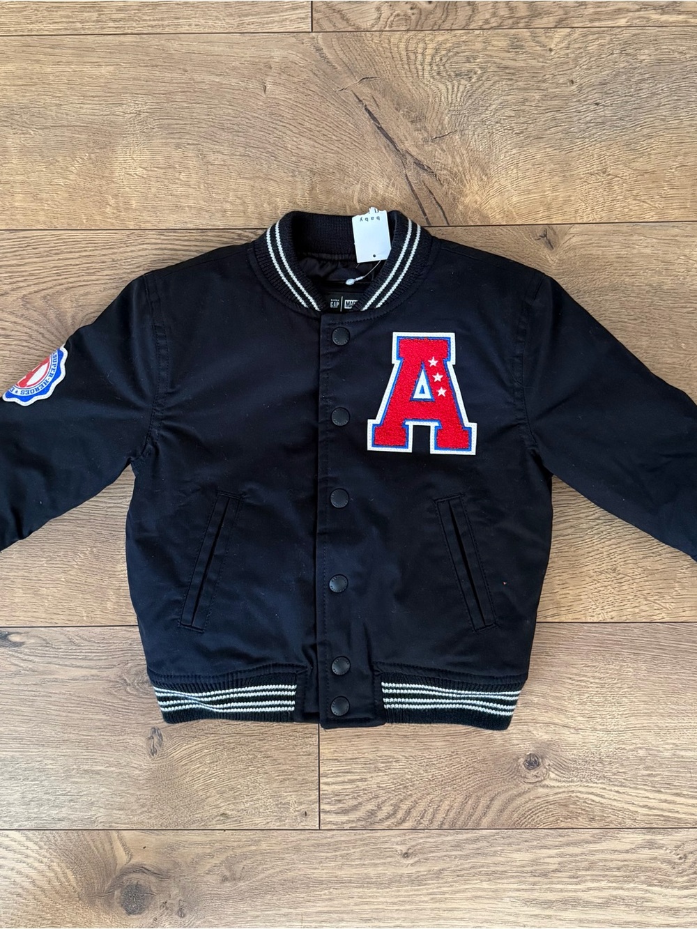 GAP Black Kids Varsity Jacket with Red 'A' Patch